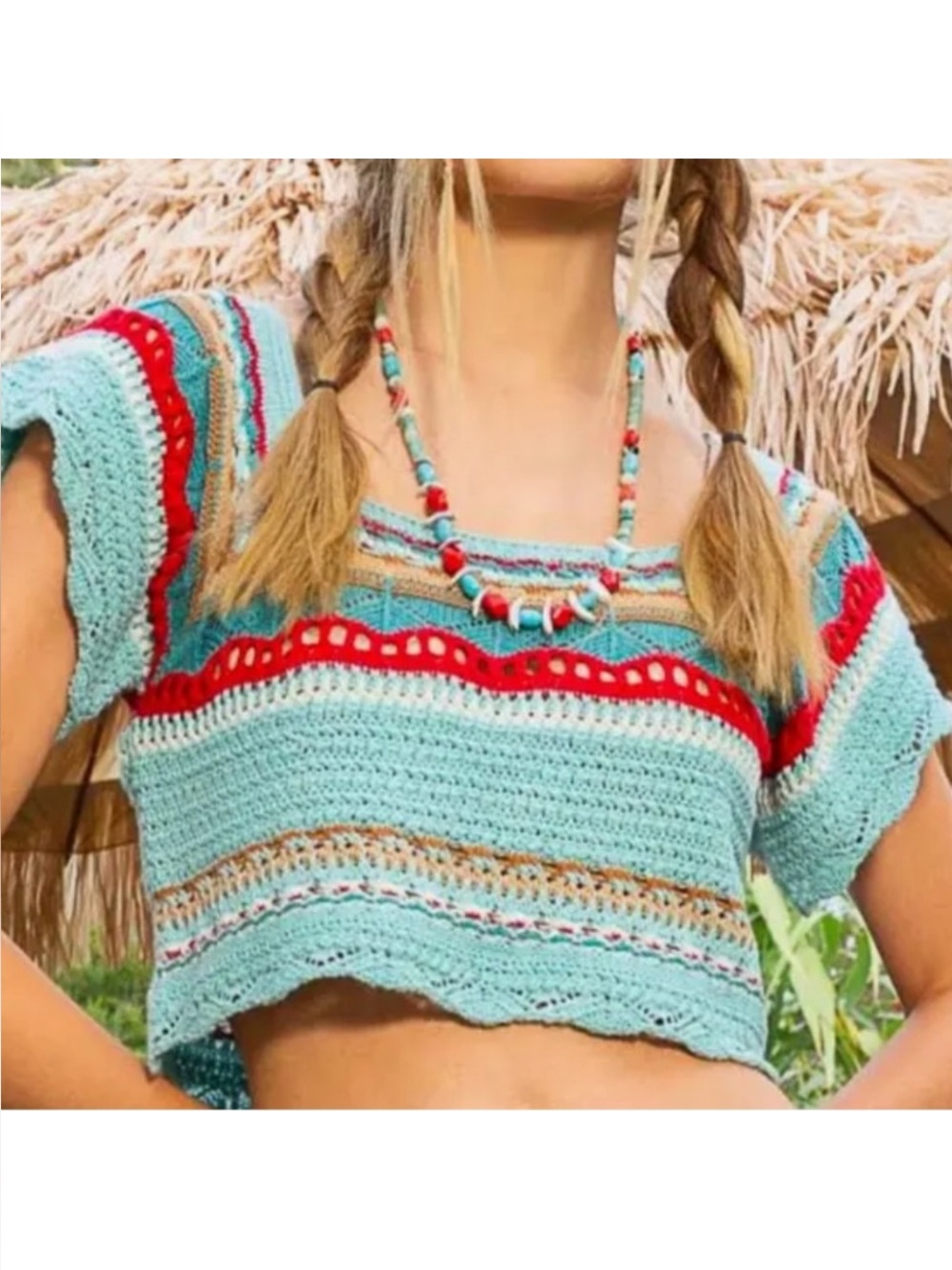 POL Women's Colorful Crochet Crop‎ Top Size Small Hand Made EUC